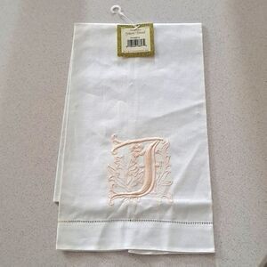 Guest Towel White Linen Embroidered Letter “T” in Cream Guest Bath Towel Cotton